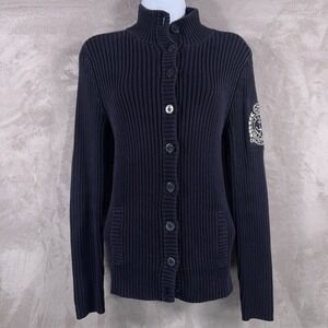 Lauren Ralph Lauren Cardigan Sweater Womens Medium Blue Rib Knit Mock Neck